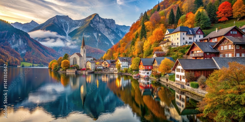 Fototapeta premium Autumn landscape in Hallstatt village, Austrian Alps, Hallstatt, village, Austrian Alps, autumn, landscape, picturesque