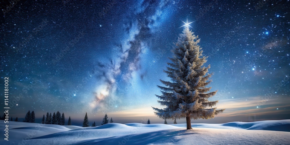 Tall lone pine tree under starry sky in winter wonderland, nature, landscape, pine tree, snowy, night sky, stars, serene Tall lone pine tree under starry sky in winter wonderland, nature, landscape, pine tree, snowy, night sky, stars, serene