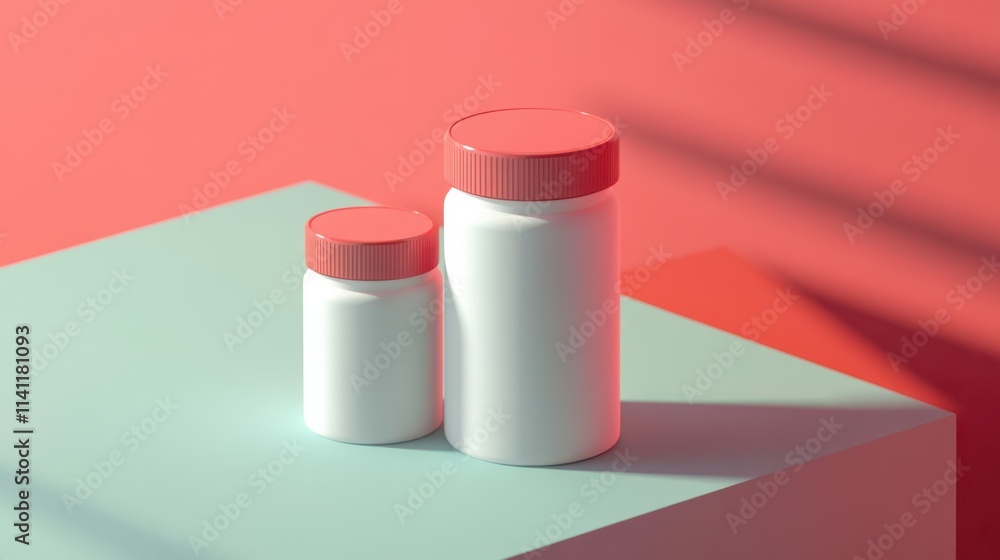 Two White Pill Bottles Mockup Coral Lid Pastel Background Two White Pill Bottles Mockup Coral Lid Pastel Background
