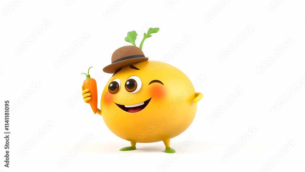 3D illustration of a smiling character holding a carrot, wearing a hat, winking, against a white background. 3D illustration of a smiling character holding a carrot, wearing a hat, winking, against a white background.