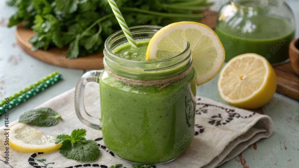 An enticing array of a green smoothie in a rustic mason jar embellished with a slice of lemon perched delicately on the rim. The drinks surface reflects the morning light