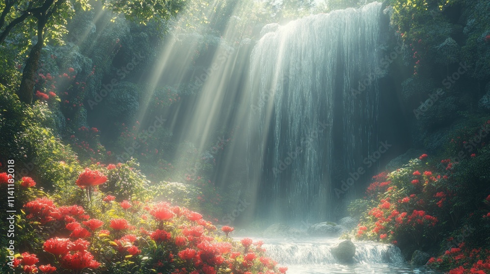 Fototapeta premium Serene Fantasy Landscape with Lush Cliffs and Vibrant Mushrooms