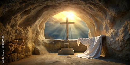 Tomb empty with shroud and crucifixion, rendering, empty tomb, resurrection, burial cloth