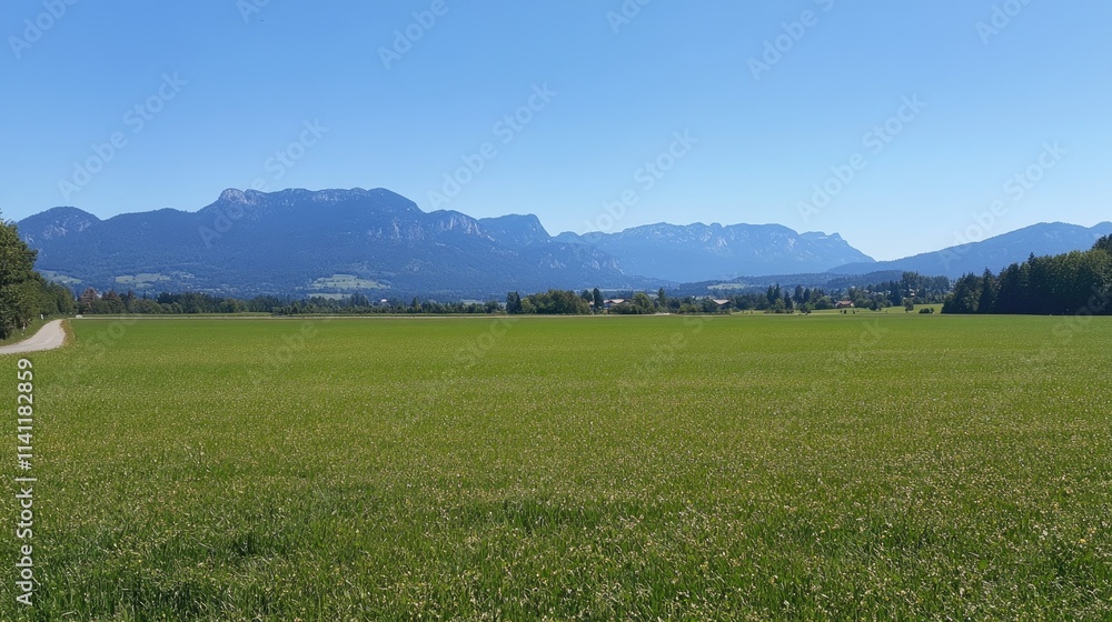 Expansive Green Meadow Under Clear Blue Sky with Mountains in Distance