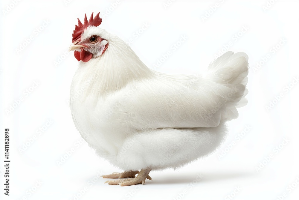 A white chicken with a red comb and a red beak A white chicken with a red comb and a red beak