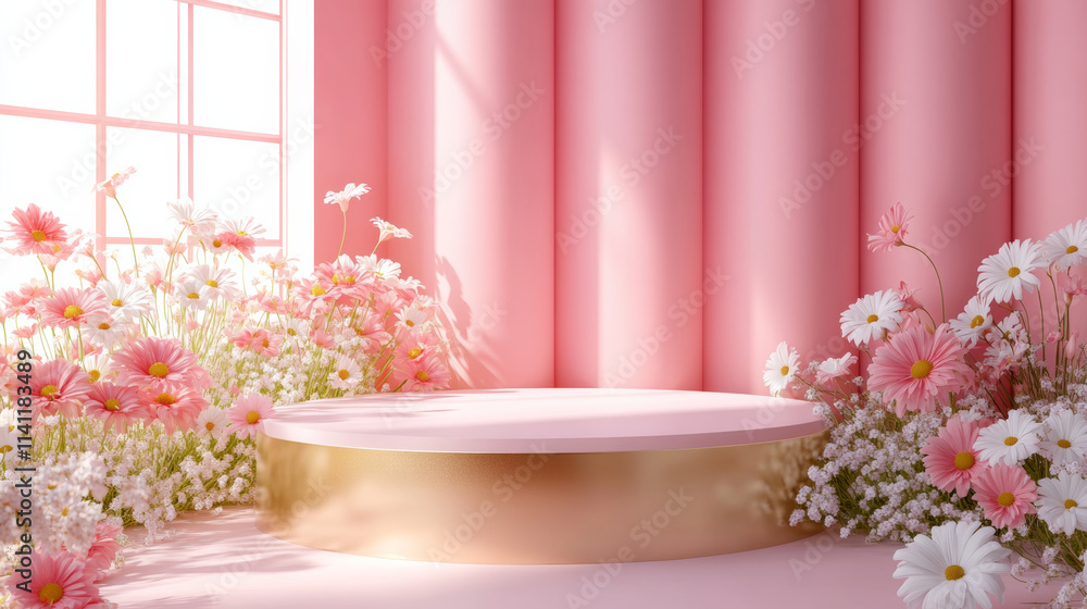 Fototapeta premium E-commerce product exhibition booth with floral background