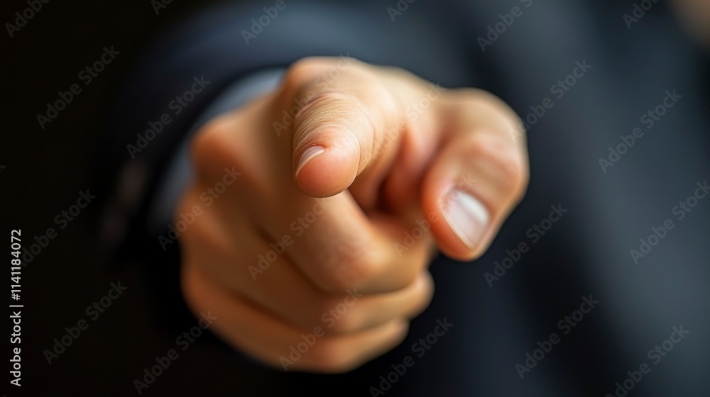 Fototapeta premium Businessman pointing his finger at a dark background, with a blank area for text, representing focus, clarity, and the power of non-verbal communication in business.