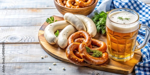 Oktoberfest inspired stock photo of white sausages, pretzels, and beer, Oktoberfest, wei?wurst, brezel, beer