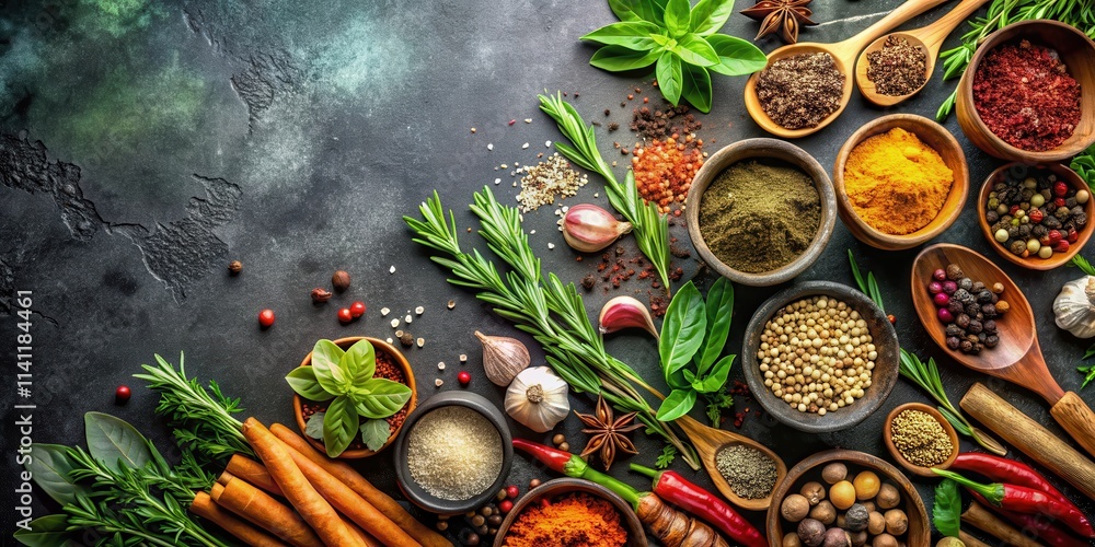 Assorted fresh herbs and spices for cooking on dark background, herbs, spices, cooking, ingredients, assorted, variety Assorted fresh herbs and spices for cooking on dark background, herbs, spices, cooking, ingredients, assorted, variety