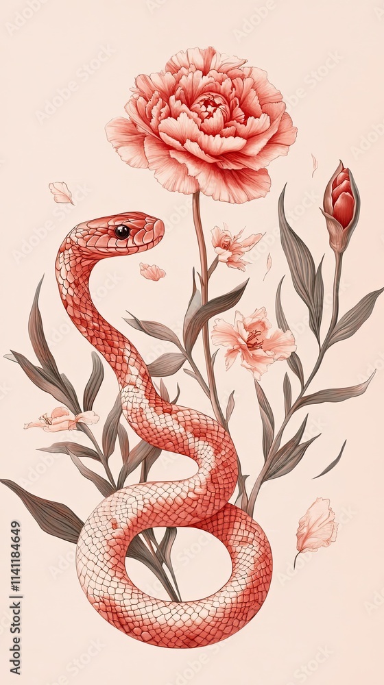 Obraz premium Coral Snake Among Delicate Peach Peonies and Buds