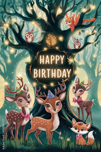 Whimsical Forest Birthday Celebration with Adorable Animals and Festive Decorations