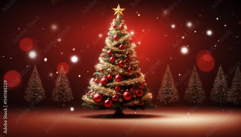 Charming Christmas tree featuring glossy ornaments and a star on top, golden tinsel and a spotlighted, sparkles, snow falls, snowy trees and bokeh lights in red background, card, wallpaper Charming Christmas tree featuring glossy ornaments and a star on top, golden tinsel and a spotlighted, sparkles, snow falls, snowy trees and bokeh lights in red background, card, wallpaper