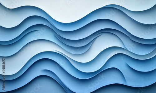 Abstract blue wavy layered paper design.