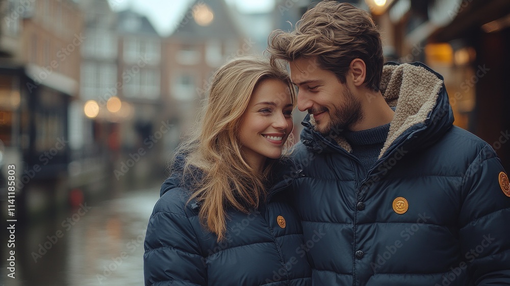 Couple in Matching Navy Puffer Jackets in Romantic Street Scene Couple in Matching Navy Puffer Jackets in Romantic Street Scene