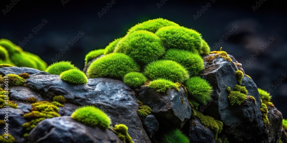 Green moss growing on rugged rocks set against a solid black background, moss, green, natural, texture, rocky surface Green moss growing on rugged rocks set against a solid black background, moss, green, natural, texture, rocky surface