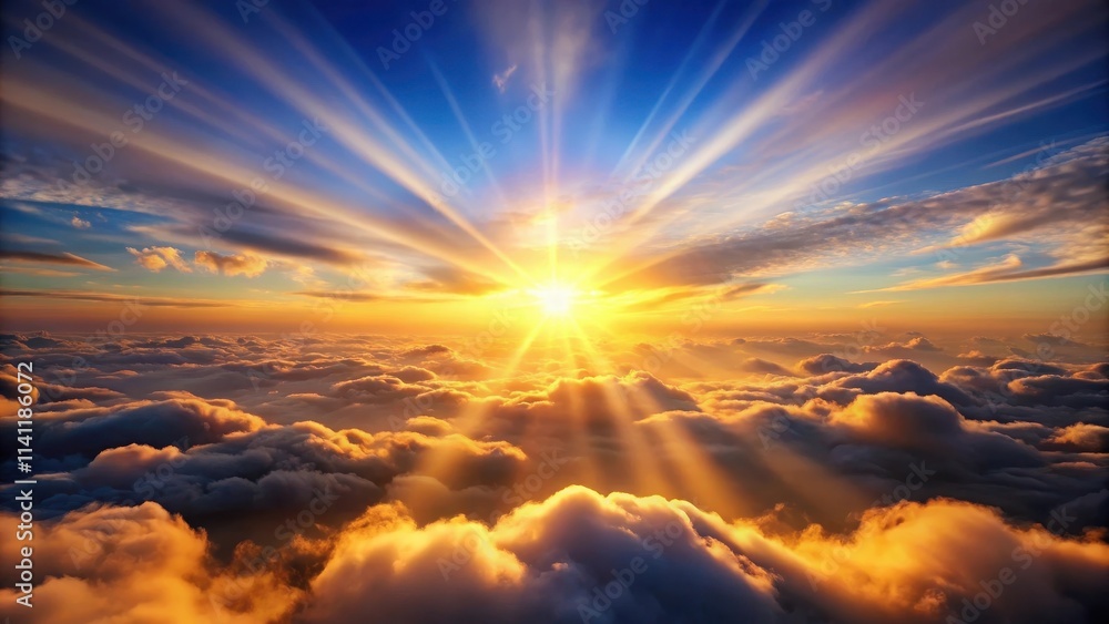 Sunset sun rays shining above the clouds in a beautiful sky, sunset, sun rays, above clouds, fly, aerial, view, golden Sunset sun rays shining above the clouds in a beautiful sky, sunset, sun rays, above clouds, fly, aerial, view, golden