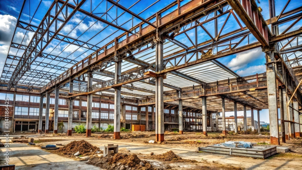 Dismantled building with dangling steel reinforcements, abandoned, construction site, demolition, architecture Dismantled building with dangling steel reinforcements, abandoned, construction site, demolition, architecture