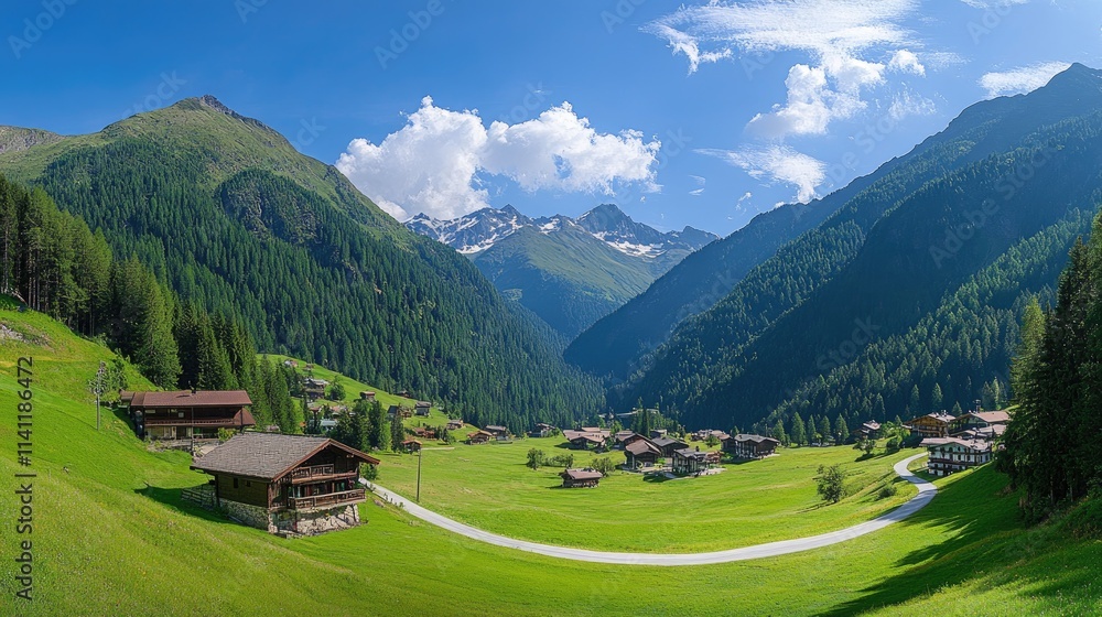 Scenic Mountain Valley View with Lush Greenery and Charming Cabins Scenic Mountain Valley View with Lush Greenery and Charming Cabins