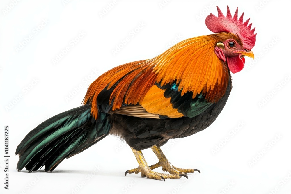 A rooster with a red and black head and a yellow beak A rooster with a red and black head and a yellow beak
