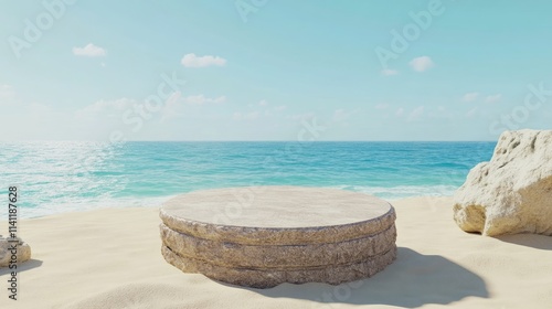Wallpaper Mural Stone Platform on Beach with Serene Ocean and Clear Sky Torontodigital.ca