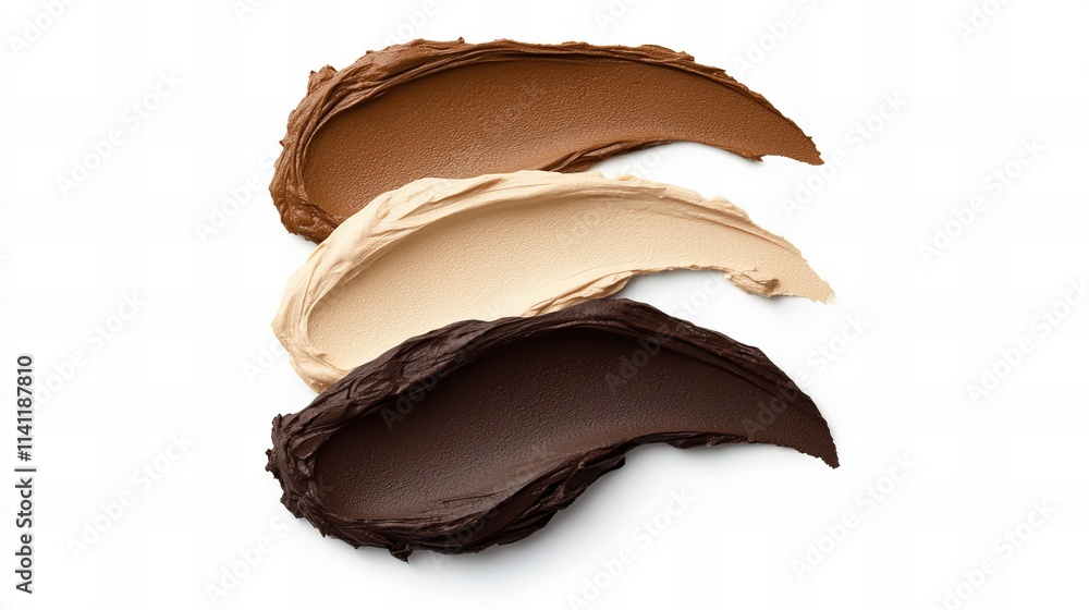 Swatches of three different shades of makeup foundation on a white background. The colors are light beige, medium brown, and dark brown. Swatches of three different shades of makeup foundation on a white background. The colors are light beige, medium brown, and dark brown.