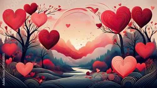 Ink painted abstract landsacpe with many red hearts. Happy Valentine's Day concept.