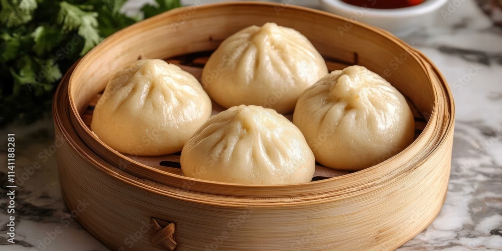 Deliciously Steamed Buns Displayed in Small Bamboo Steamers with Fresh Ingredients and Soy Sauce for an Authentic Culinary Experience Deliciously Steamed Buns Displayed in Small Bamboo Steamers with Fresh Ingredients and Soy Sauce for an Authentic Culinary Experience