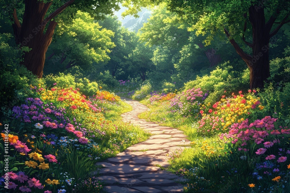 Vibrant Cartoon Landscape with Lush Trees Colorful Flowers and Dappled Sunlight Vibrant Cartoon Landscape with Lush Trees Colorful Flowers and Dappled Sunlight