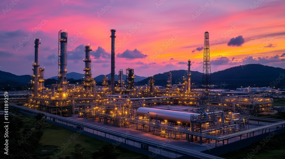 Fototapeta premium Chemical plant pipelines with strategically placed valves, emphasizing the infrastructure that allows for the controlled movement and processing of chemicals and petrochemicals.