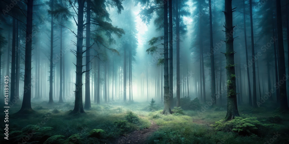 Fototapeta premium Mysterious dark forest covered in thick fog , mist, eerie, spooky, woods, trees, atmosphere, creepy, haunting, misty, dark