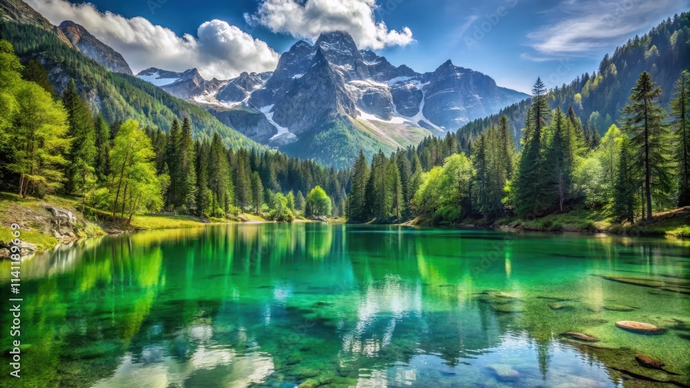 Tranquil green lake surrounded by lush forest and snow-capped mountains in Styria, Austria, Gr?ner See, Green Lake, Styria Tranquil green lake surrounded by lush forest and snow-capped mountains in Styria, Austria, Gr?ner See, Green Lake, Styria