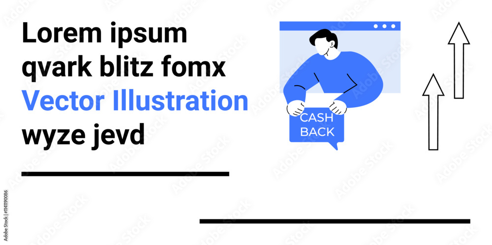 Man holding Cash Back sign, paired with upward arrows and placeholder text elements. Ideal for financial services, e-commerce, marketing, economic growth, sales promotions, user guides, and customer Man holding Cash Back sign, paired with upward arrows and placeholder text elements. Ideal for financial services, e-commerce, marketing, economic growth, sales promotions, user guides, and customer