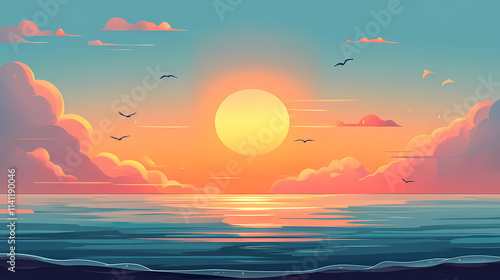 Horizon sea sky background, sunset sky clouds over sea in the evening with orange, yellow sunlight golden hour in summer landscape, dusk sky seascape backgrounds , ai. Dawn. Illustration