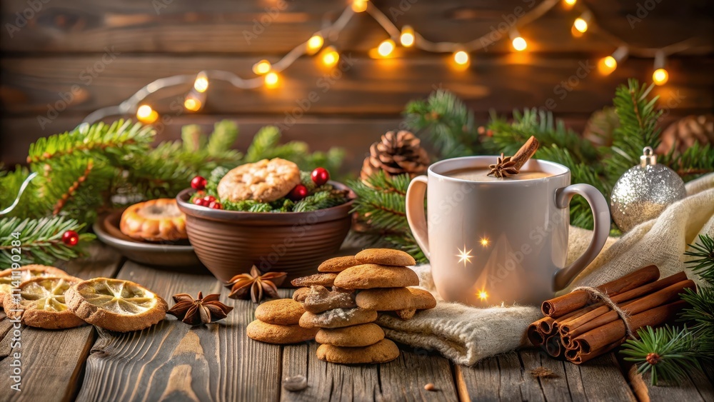 Naklejka premium Cozy holiday scene with cookies and hot chocolate, winter, Christmas, cozy, festive, warmth, fireplace, cookies