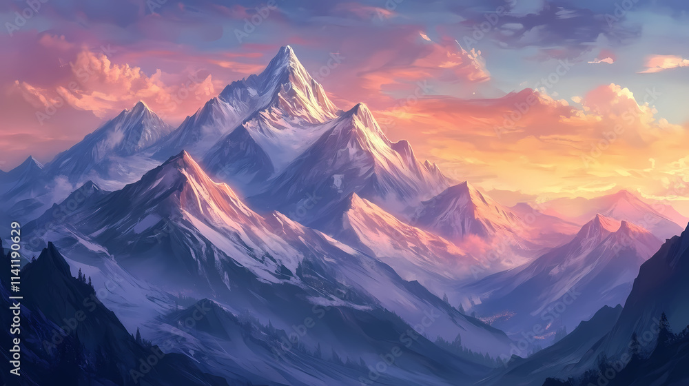 Majestic mountain range landscape at dawn. Dawn. Illustration