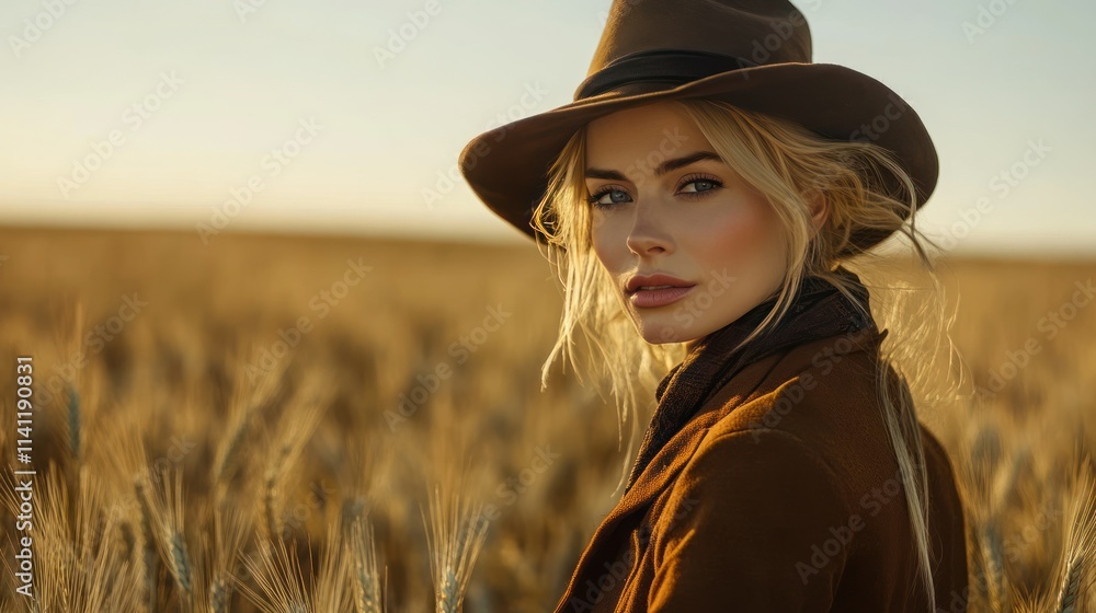 Obraz premium Stylish caucasian Blonde Woman in Brown Vintage Coat and hat on Wheat Field