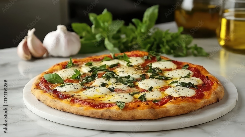 Freshly Baked Margherita Pizza on White Plate with Basil and Garlic Background Italian food Freshly Baked Margherita Pizza on White Plate with Basil and Garlic Background Italian food