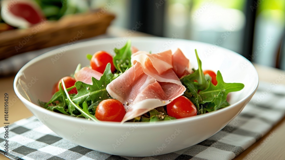 Fresh Arugula Salad with Cherry Tomatoes and Slices of Prosciutto on a Wooden Table Italian food Fresh Arugula Salad with Cherry Tomatoes and Slices of Prosciutto on a Wooden Table Italian food