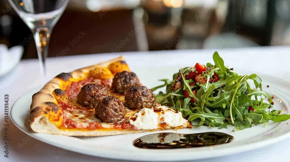 italian food Delicious Meatball Pizza Slice with Salad and Balsamic Glaze on Elegant Table Setting italian food Delicious Meatball Pizza Slice with Salad and Balsamic Glaze on Elegant Table Setting