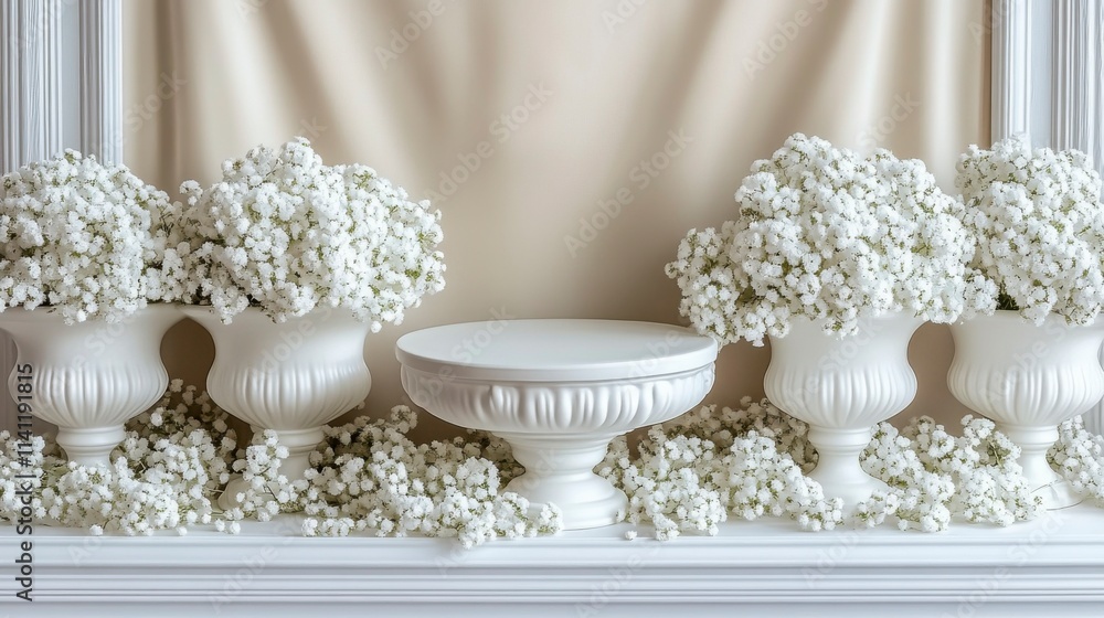 A serene scene of an empty podium decorated with gentle gypsophila flowers, placed against a subtle beige backdrop, perfect for a sophisticated stage showcase or presentation setting. A serene scene of an empty podium decorated with gentle gypsophila flowers, placed against a subtle beige backdrop, perfect for a sophisticated stage showcase or presentation setting.