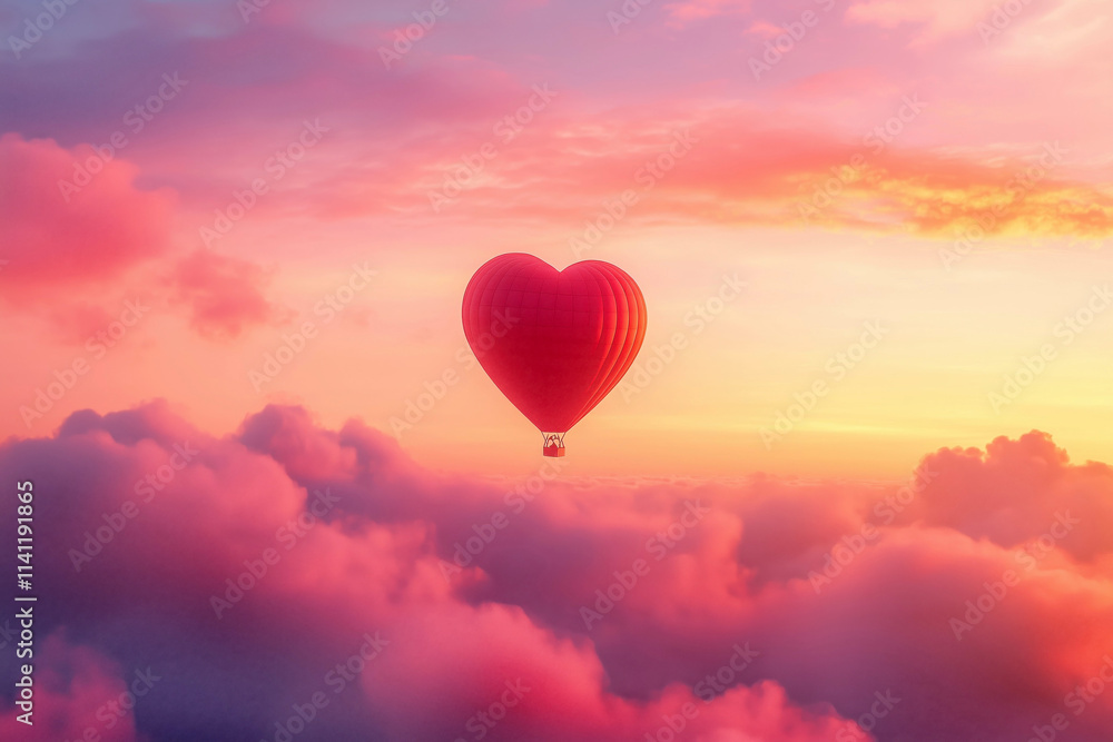 A bright red, heart-shaped hot air balloon floating over the sky and clouds on the sunset A bright red, heart-shaped hot air balloon floating over the sky and clouds on the sunset