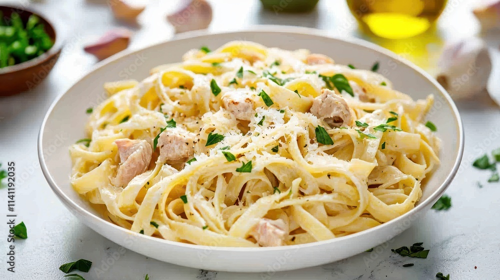 Creamy Fettuccine Pasta Dish with Chicken and Fresh Herbs in a White Bowl Italian food Creamy Fettuccine Pasta Dish with Chicken and Fresh Herbs in a White Bowl Italian food