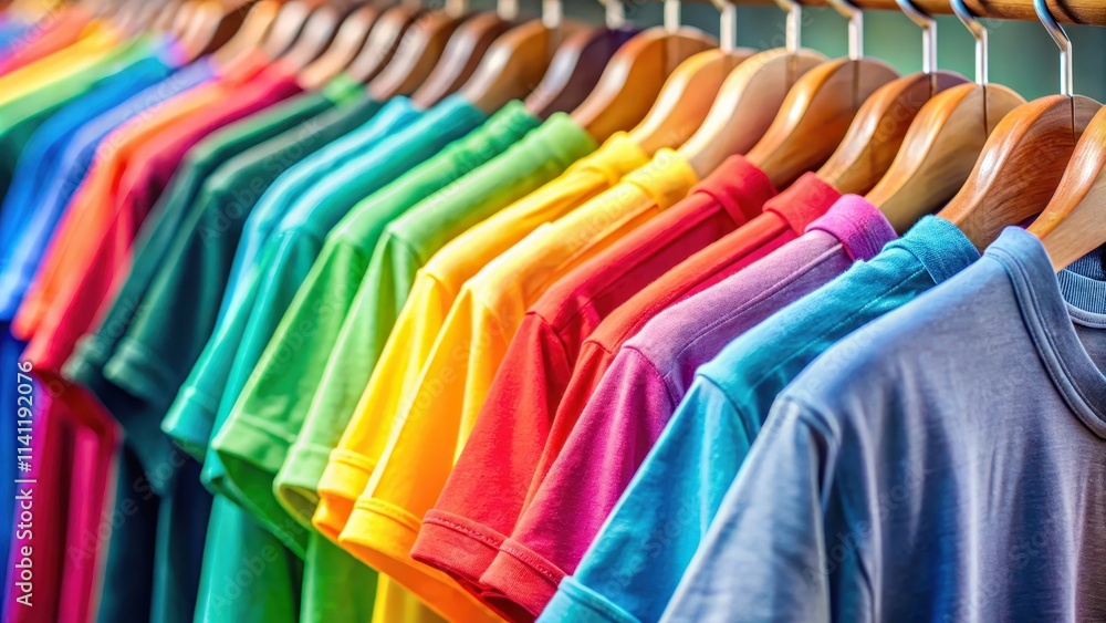 Fototapeta premium Close up of colorful t-shirts hanging on hangers in a row on a blurred apparel background , t-shirts, hangers, clothing