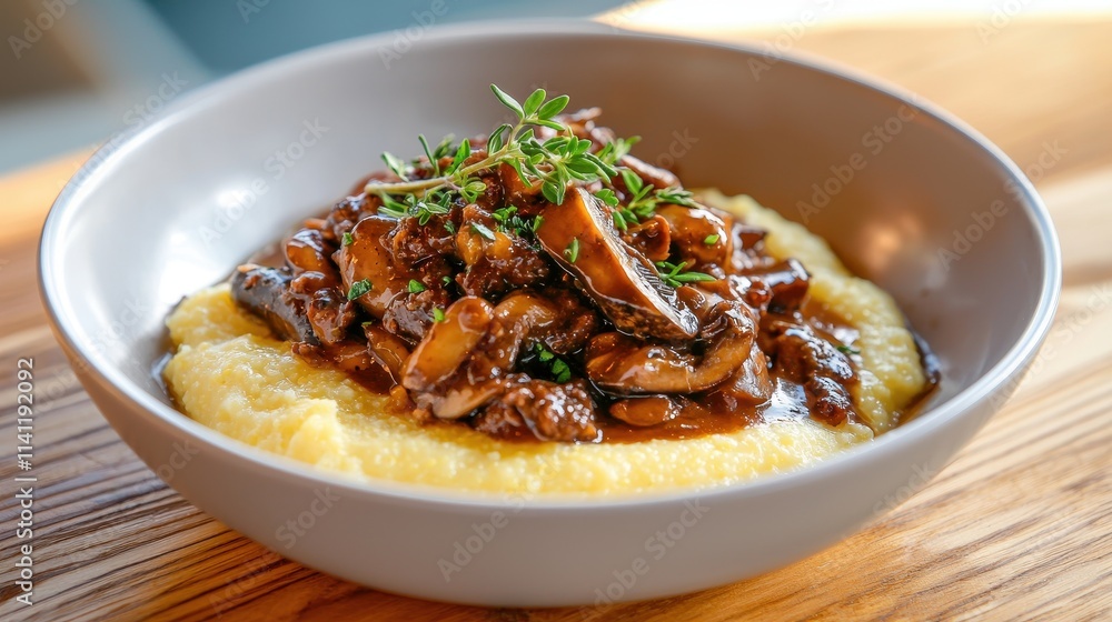 Creamy Polenta with Savory Mushroom Stew and Fresh Thyme on Rustic Wooden Table Italian food Creamy Polenta with Savory Mushroom Stew and Fresh Thyme on Rustic Wooden Table Italian food