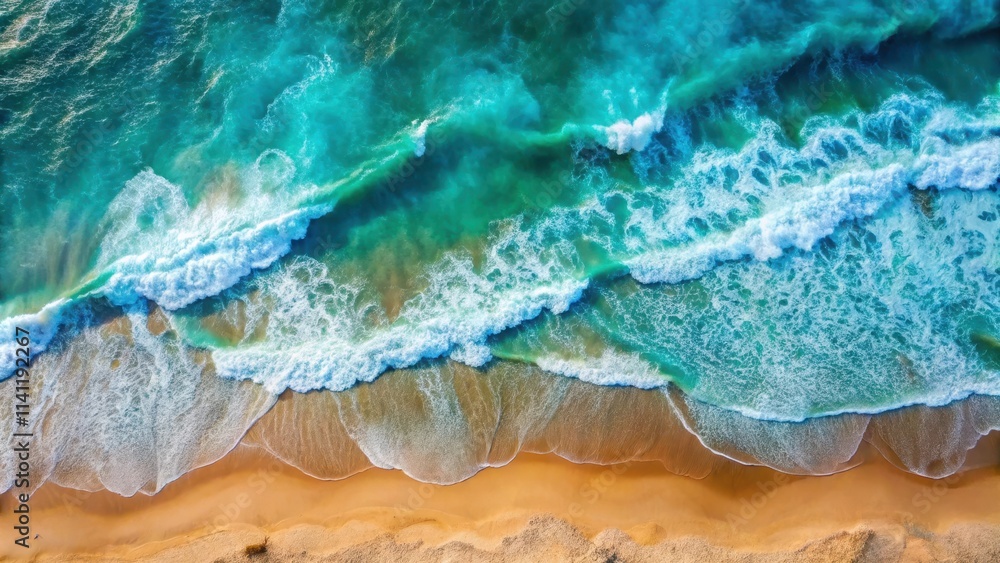 Aerial view of turquoise sea waves crashing on sandy coast , ocean, beach, waves, water, coastline, aquatic, nature, beauty Aerial view of turquoise sea waves crashing on sandy coast , ocean, beach, waves, water, coastline, aquatic, nature, beauty