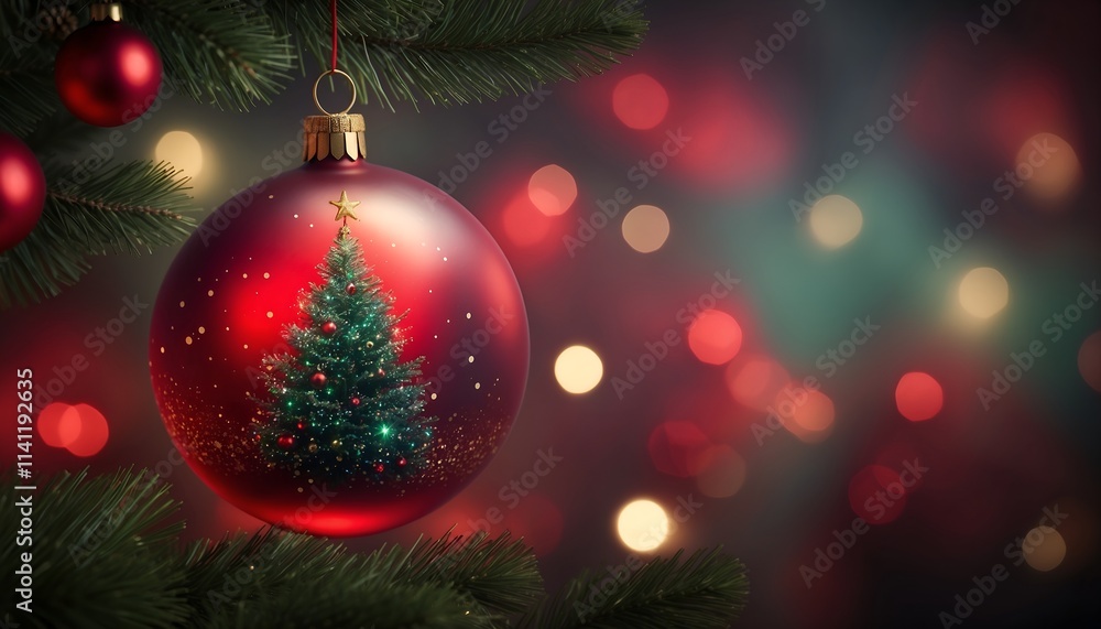 A red sparkling Christmas ball with beautifully decorated xmas tree and star topper on it, hangs on green branches, with a blurred bokeh background of festive red, green, and yellow lights, card A red sparkling Christmas ball with beautifully decorated xmas tree and star topper on it, hangs on green branches, with a blurred bokeh background of festive red, green, and yellow lights, card