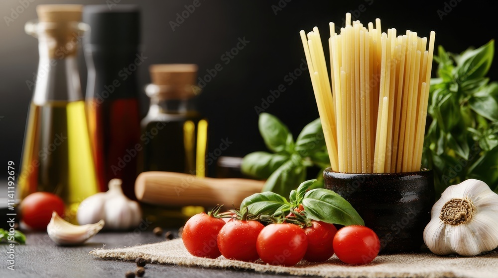 Italian food Fresh Ingredients for Italian Cooking with Spaghetti, Tomatoes, and Herbs on Table Italian food Fresh Ingredients for Italian Cooking with Spaghetti, Tomatoes, and Herbs on Table