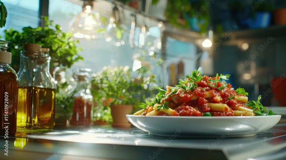 Fresh Pasta with Tomato Sauce and Herbs in Cozy Kitchen Setting with Natural Light Italian food Fresh Pasta with Tomato Sauce and Herbs in Cozy Kitchen Setting with Natural Light Italian food
