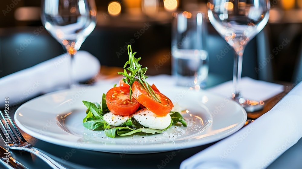 Italian food Fresh Salad with Tomatoes and Greens on Elegant Dining Table with Glassware Italian food Fresh Salad with Tomatoes and Greens on Elegant Dining Table with Glassware