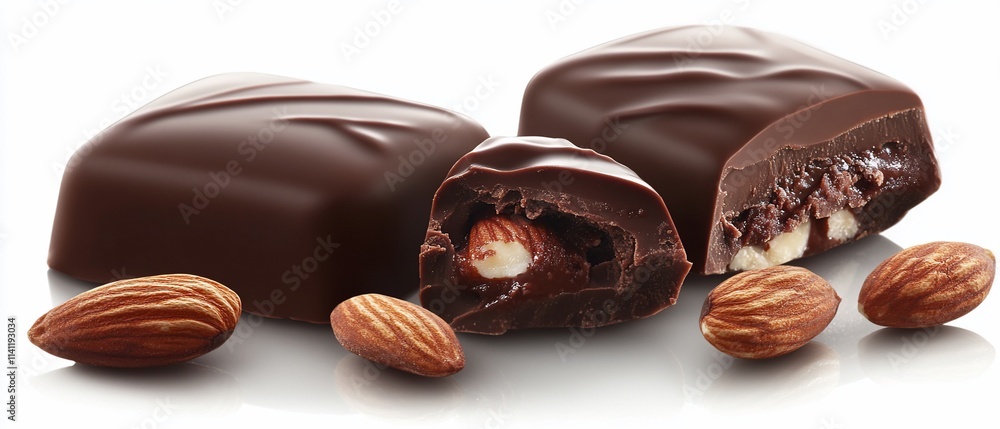 Dark chocolate candies with almonds isolated on white. Dark chocolate candies with almonds isolated on white.